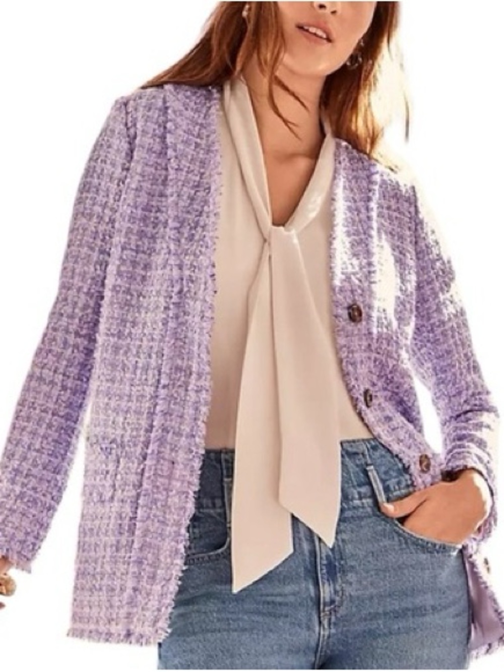 NWT Ann Taylor Women’s Fringe Tweed Cardigan Jacket Lilac Purple Size 6P